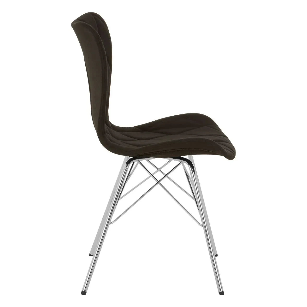 Modern dining chair with quilted black seat and chrome legs, side view