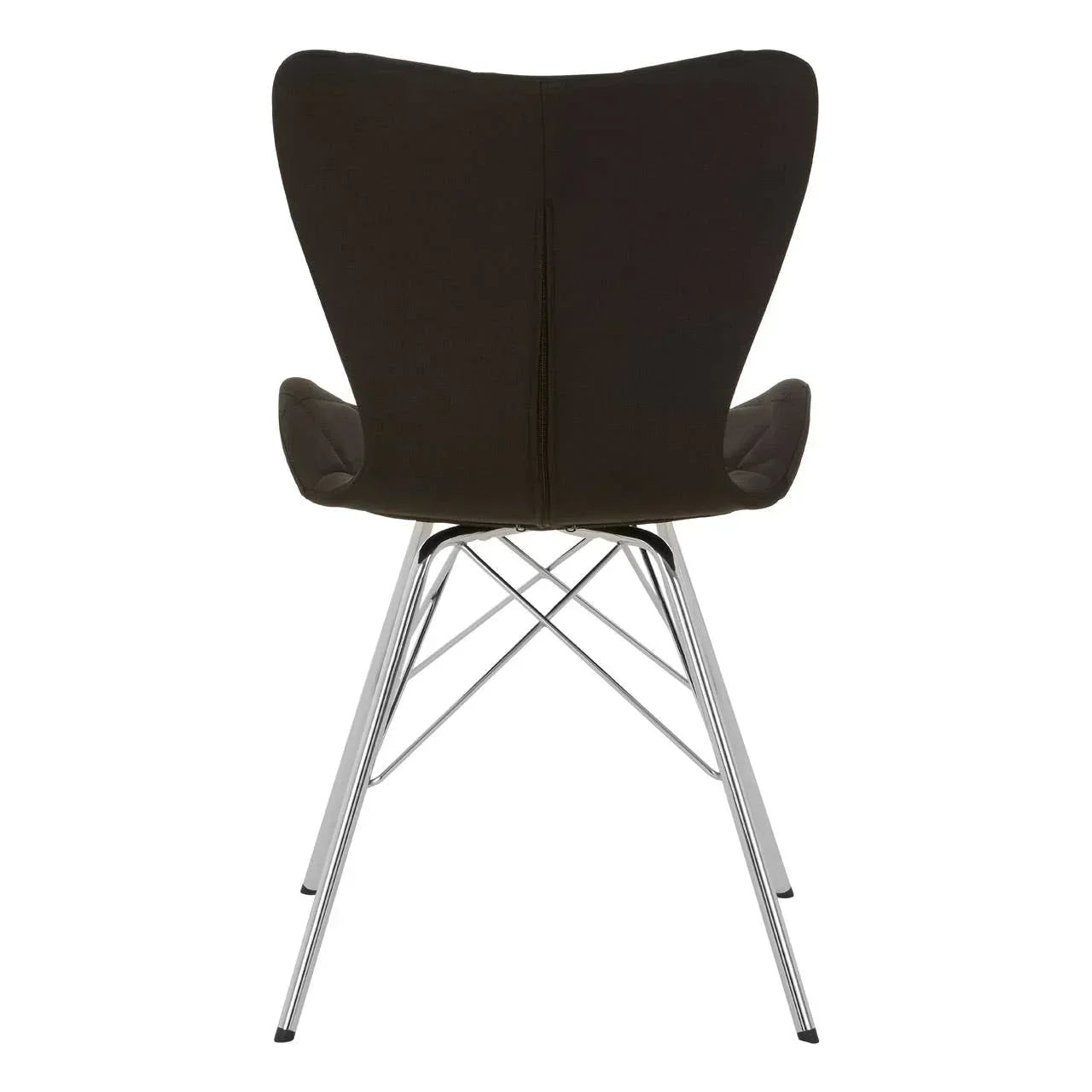 Black dining chair with chrome legs, rear view showing curved backrest and metal frame