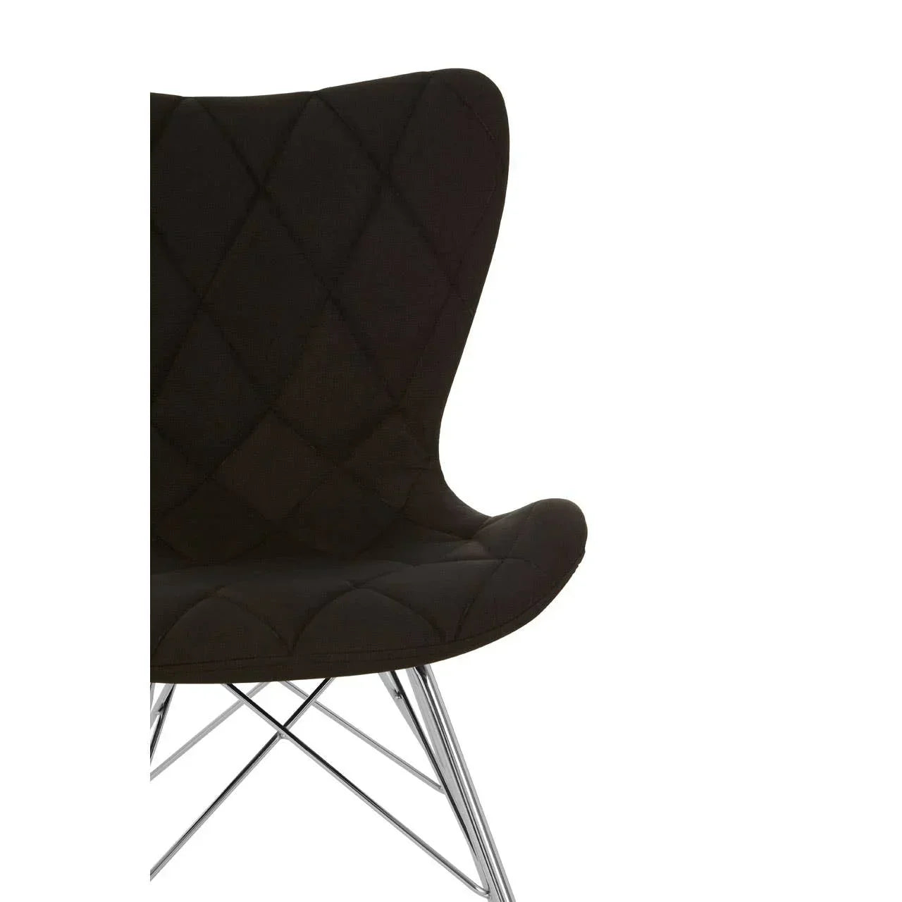 Black quilted accent chair with chrome legs, front angle close-up