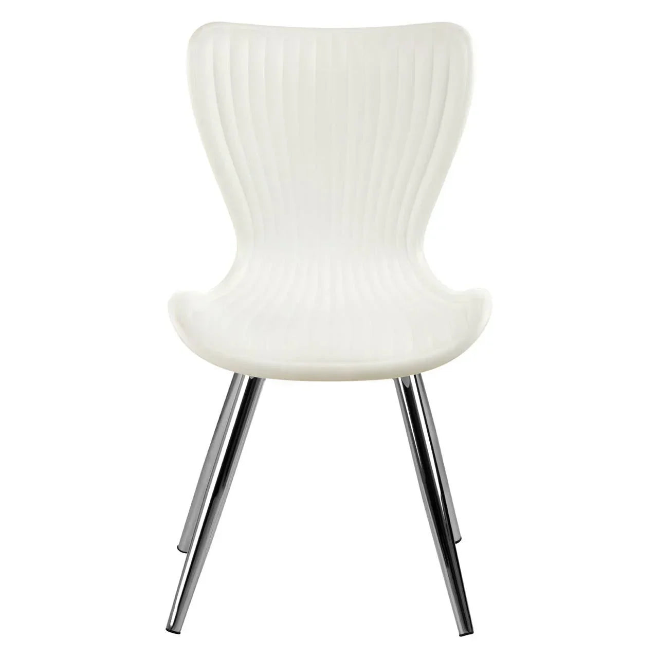 White dining chair with ribbed plastic seat and chrome legs, front view