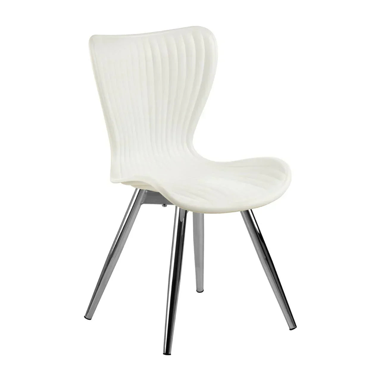 White modern dining chair with ribbed seat and chrome metal legs on white background