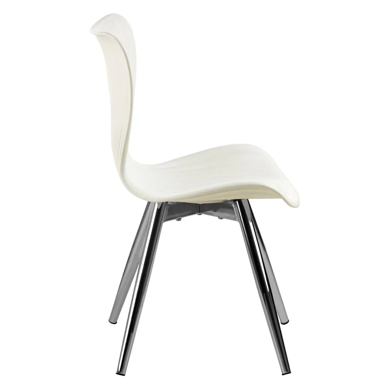 White dining chair with curved seat and chrome legs, side view