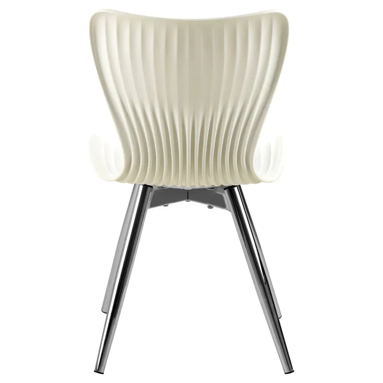Cream plastic dining chair with ribbed backrest and chrome legs, rear view