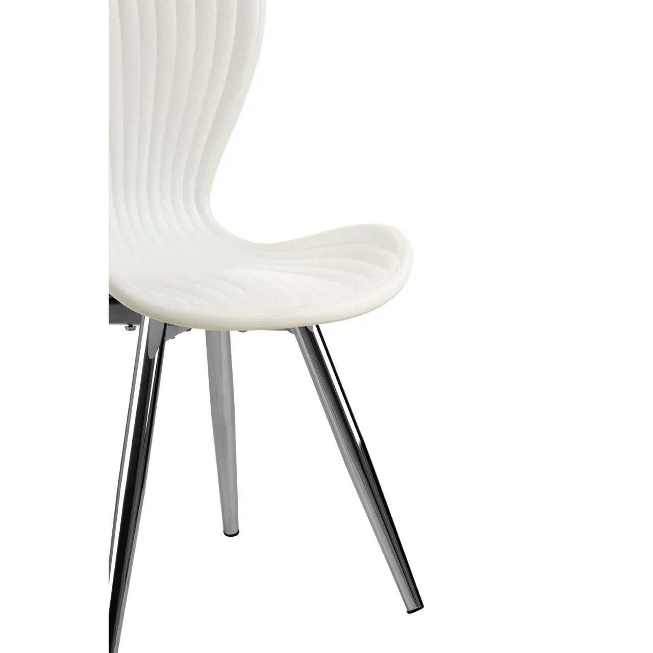 White plastic dining chair with ribbed seat detail and chrome metal legs