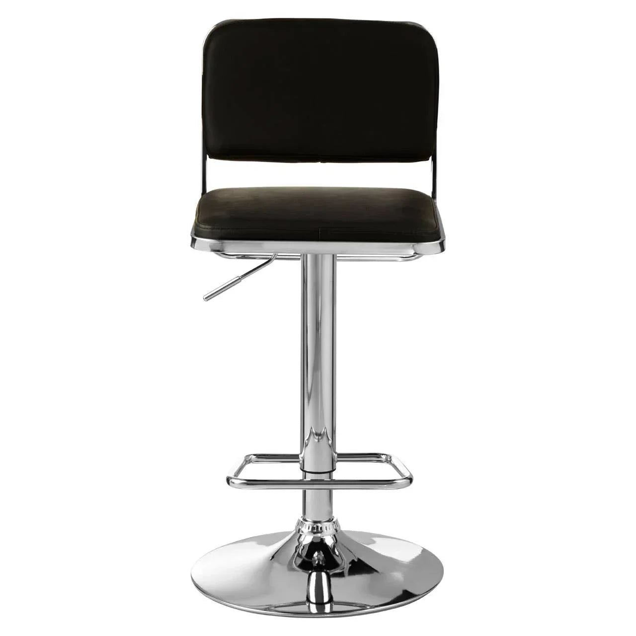 Black bar stool with padded seat, backrest and chrome base, front view