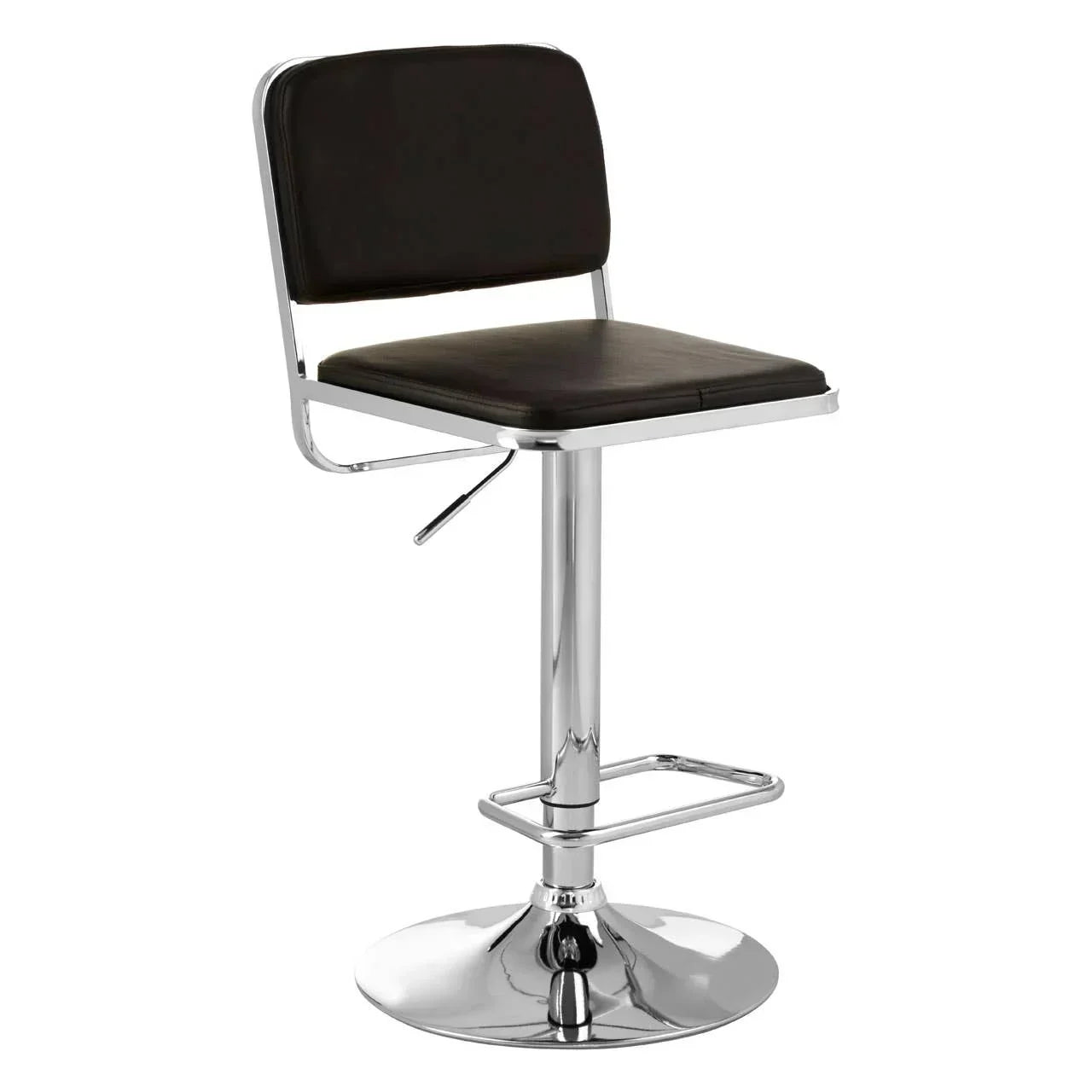 Black leather bar stool with chrome base and footrest, adjustable height, side angle view
