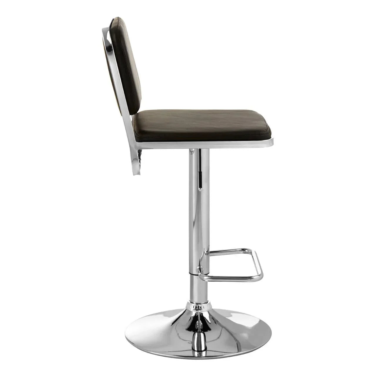 Modern bar stool with black padded seat, chrome base, footrest, side profile view
