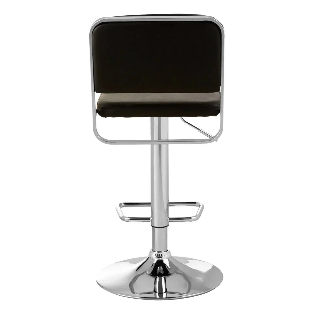 Black bar stool with chrome base and metal backrest, rear view
