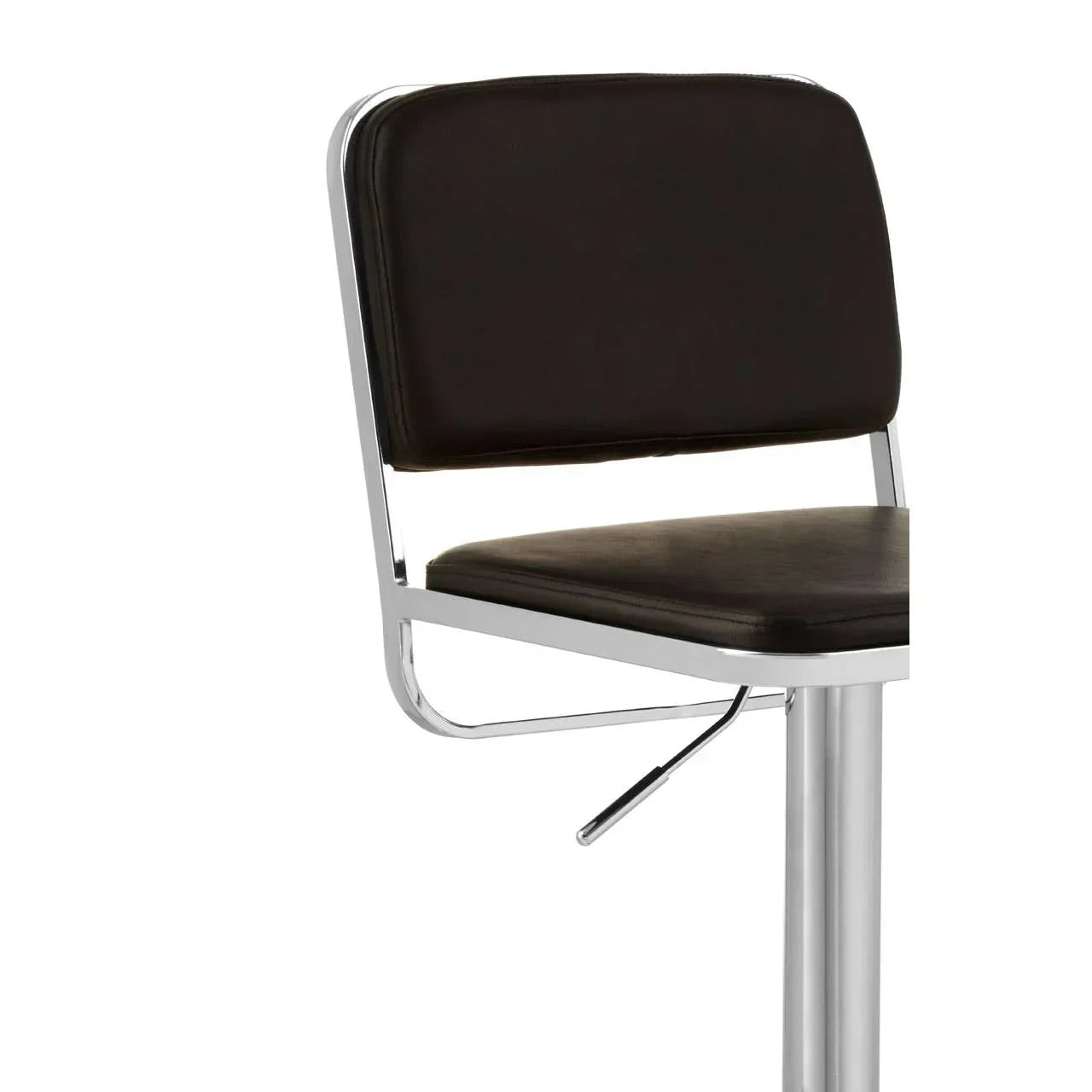Black faux leather bar stool seat with chrome frame and adjustable height lever
