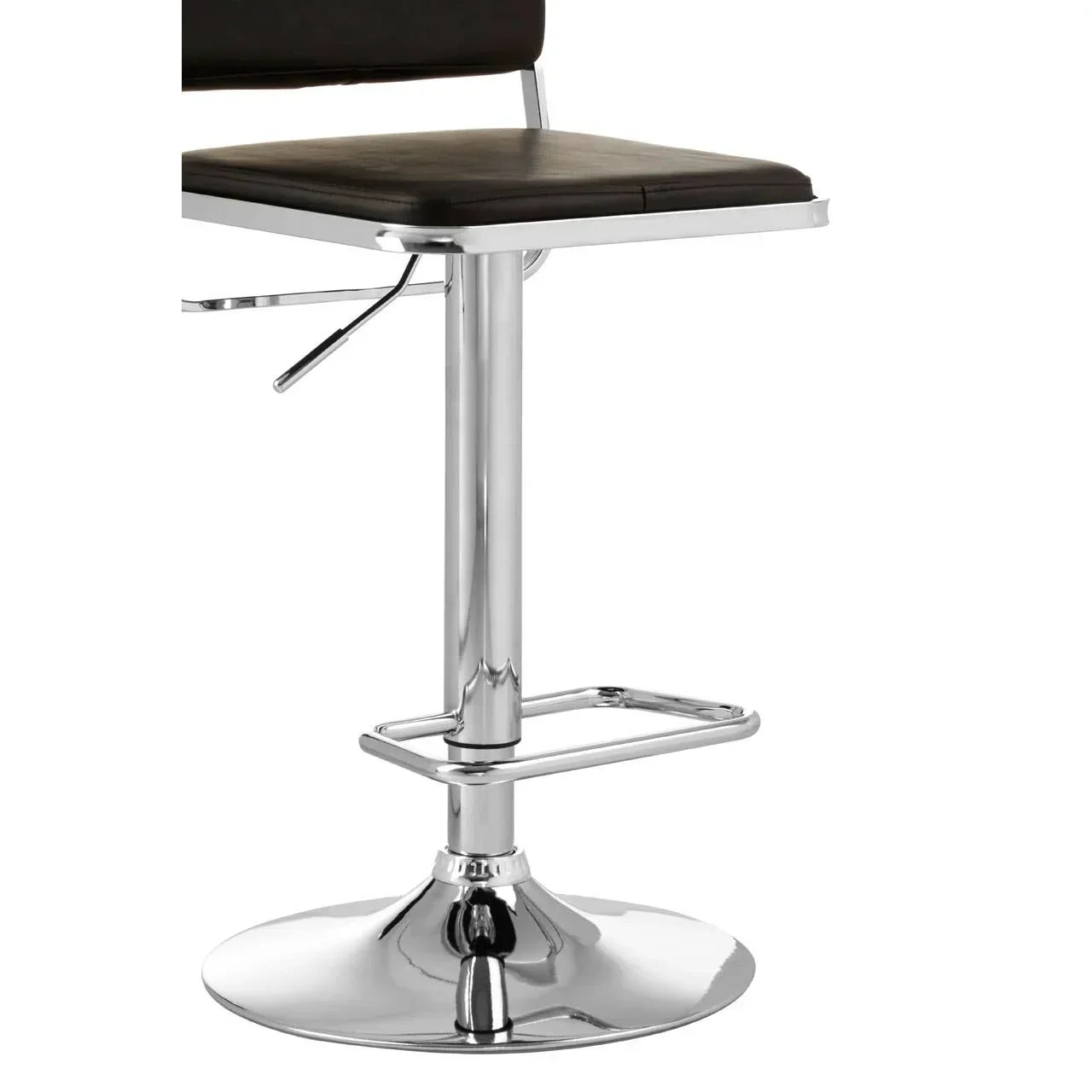 Black bar stool with chrome base, footrest, and lever, side angle close-up