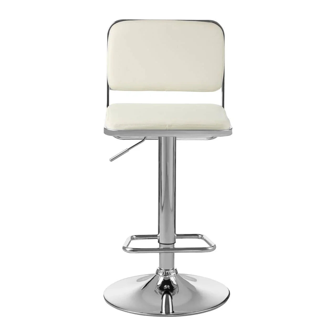 Cream leather bar stool with chrome base and footrest, front view