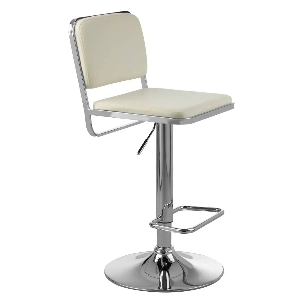 Cream faux leather bar stool with chrome base and footrest, side view