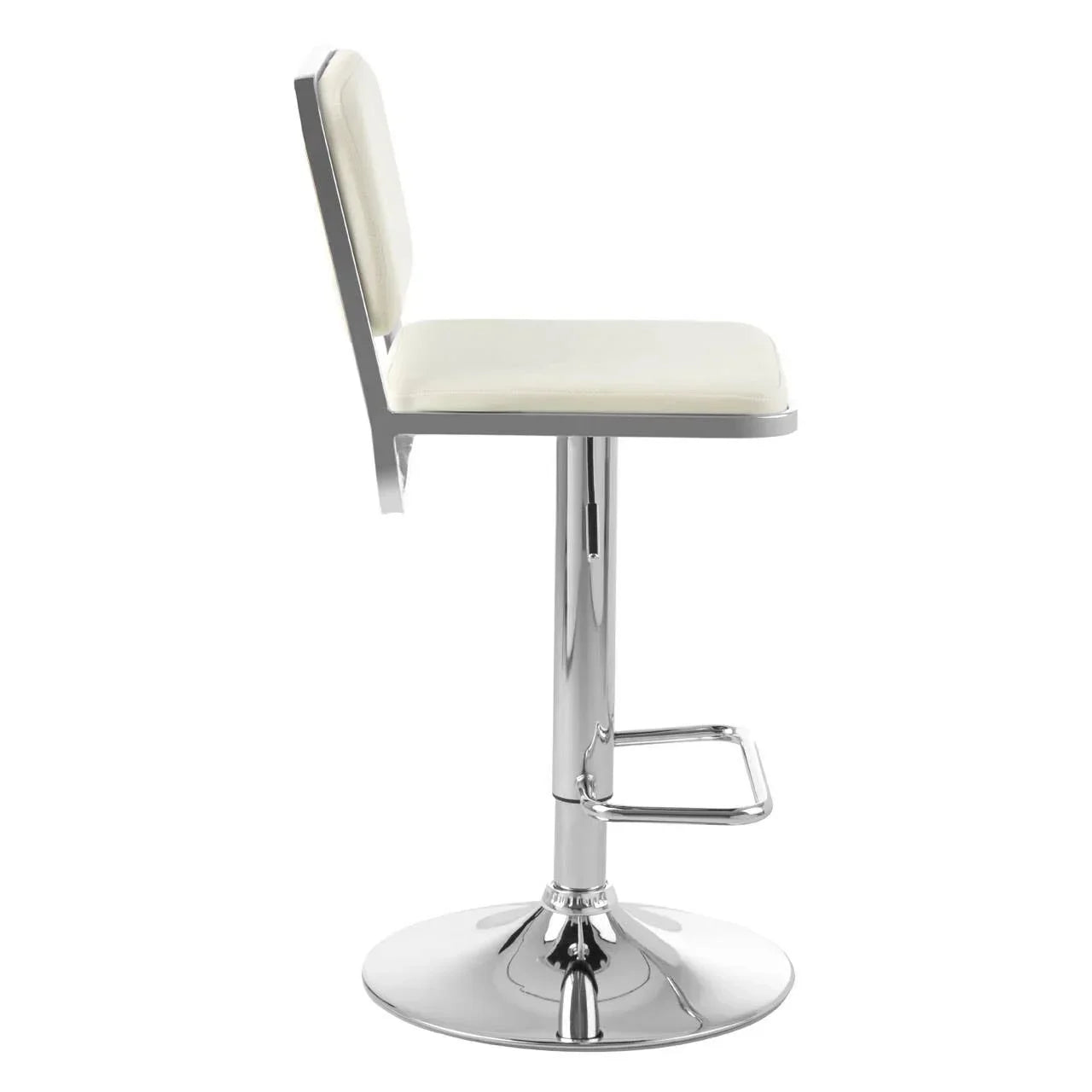 White leather bar stool with chrome base and footrest, side profile view