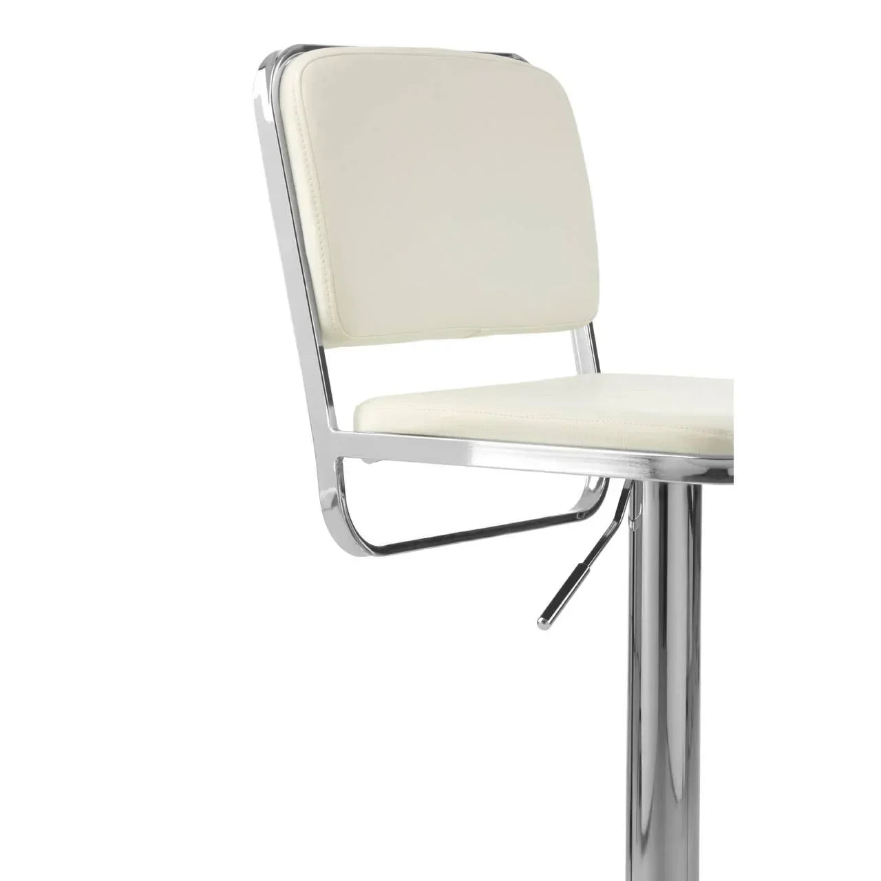 Cream bar stool with chrome frame and padded seat, lever detail visible on side
