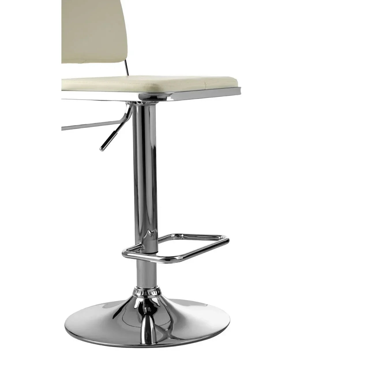 Cream bar stool with chrome base, footrest, and padded seat, side angle view