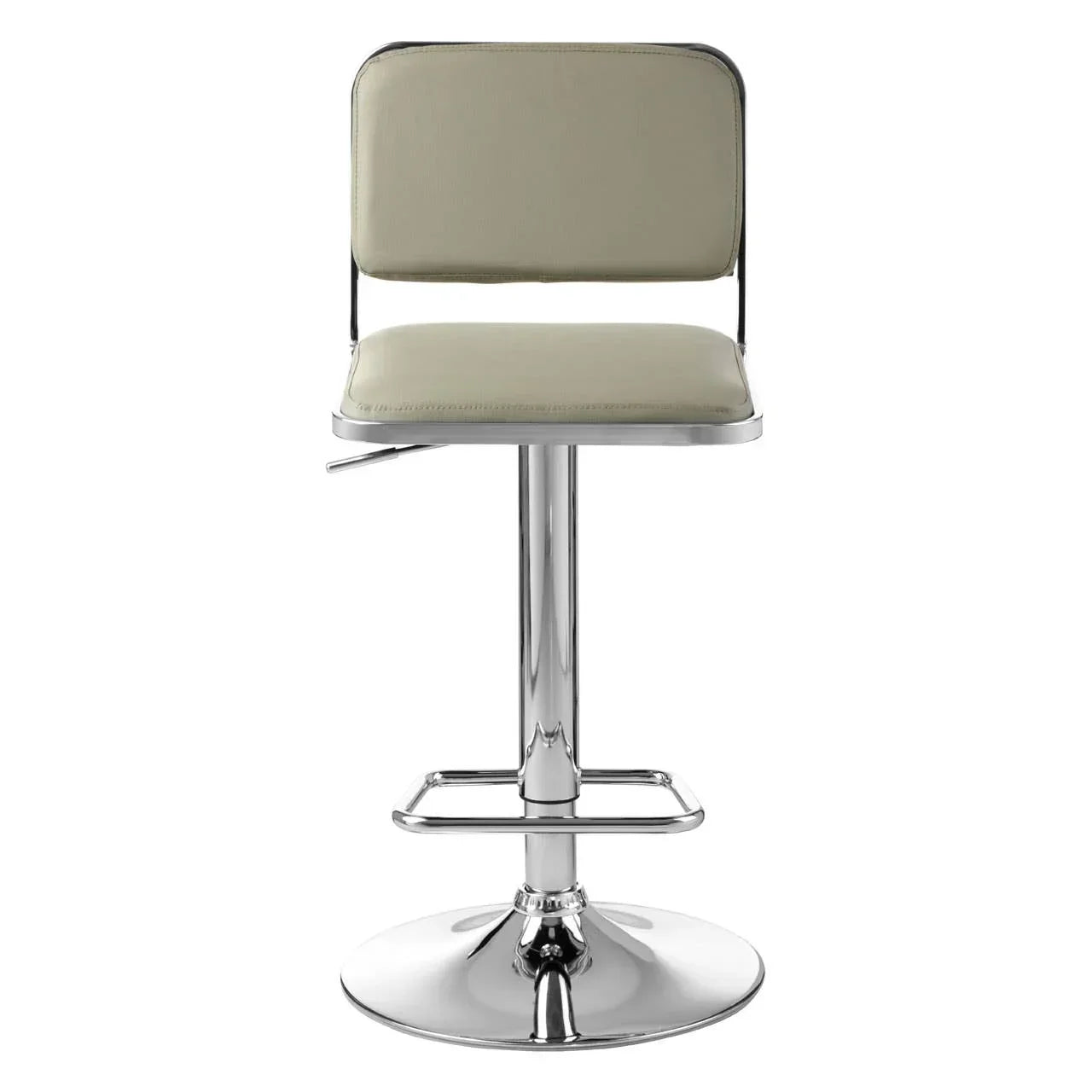 Beige leather bar stool with chrome base and footrest, front view