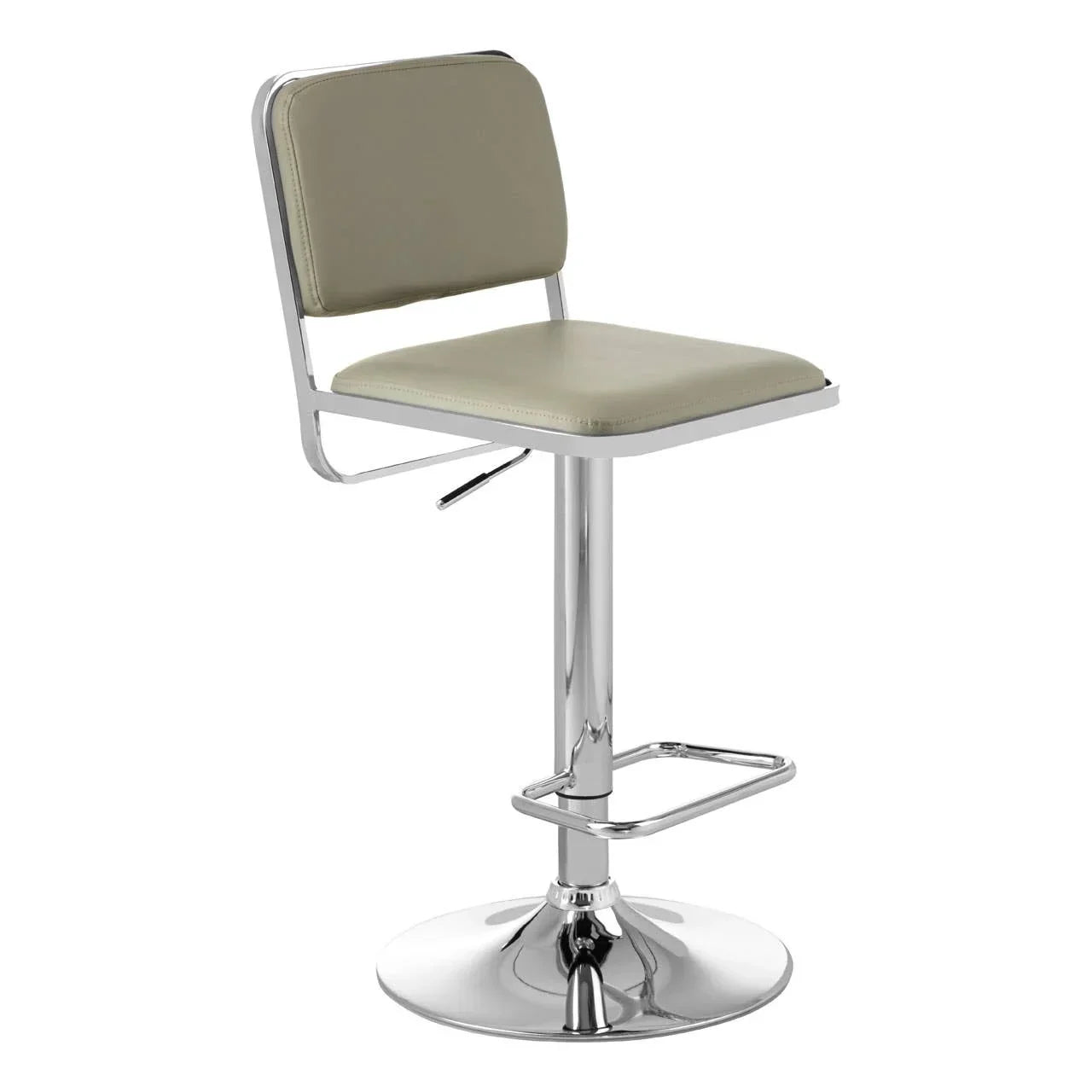Beige bar stool with chrome base and footrest, padded seat and backrest, side view