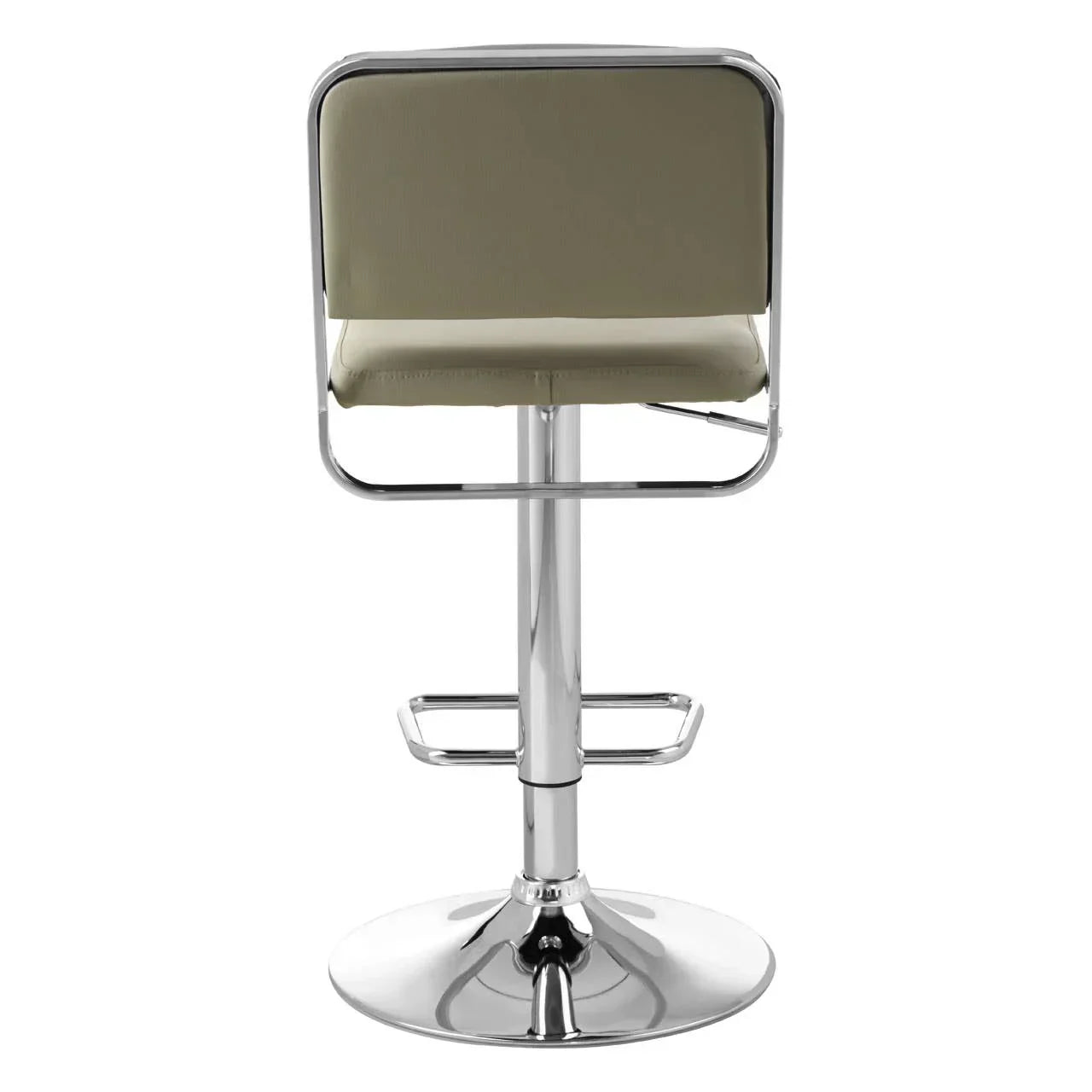 Beige bar stool with chrome metal frame and footrest, rear view