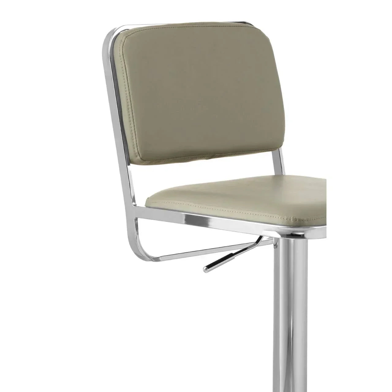 Beige faux leather bar stool with chrome frame and adjustable lever, close-up view