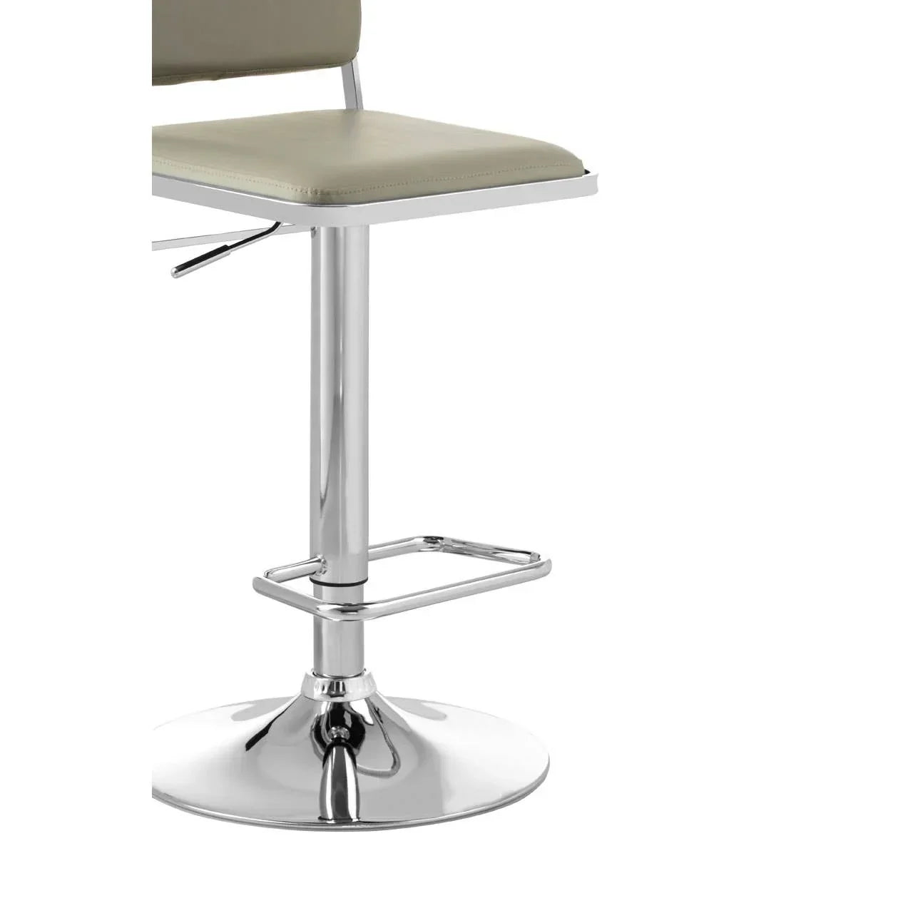 Bar stool with chrome base, square beige seat and integrated footrest, side view