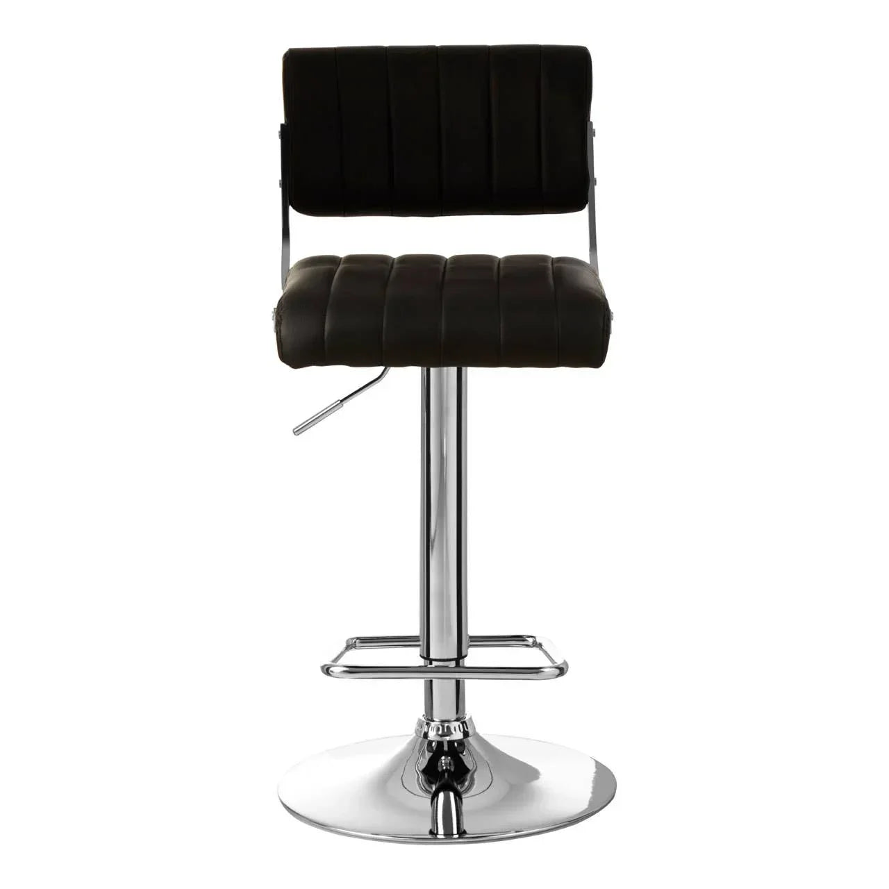 Black bar stool with padded seat, chrome base and footrest, front view