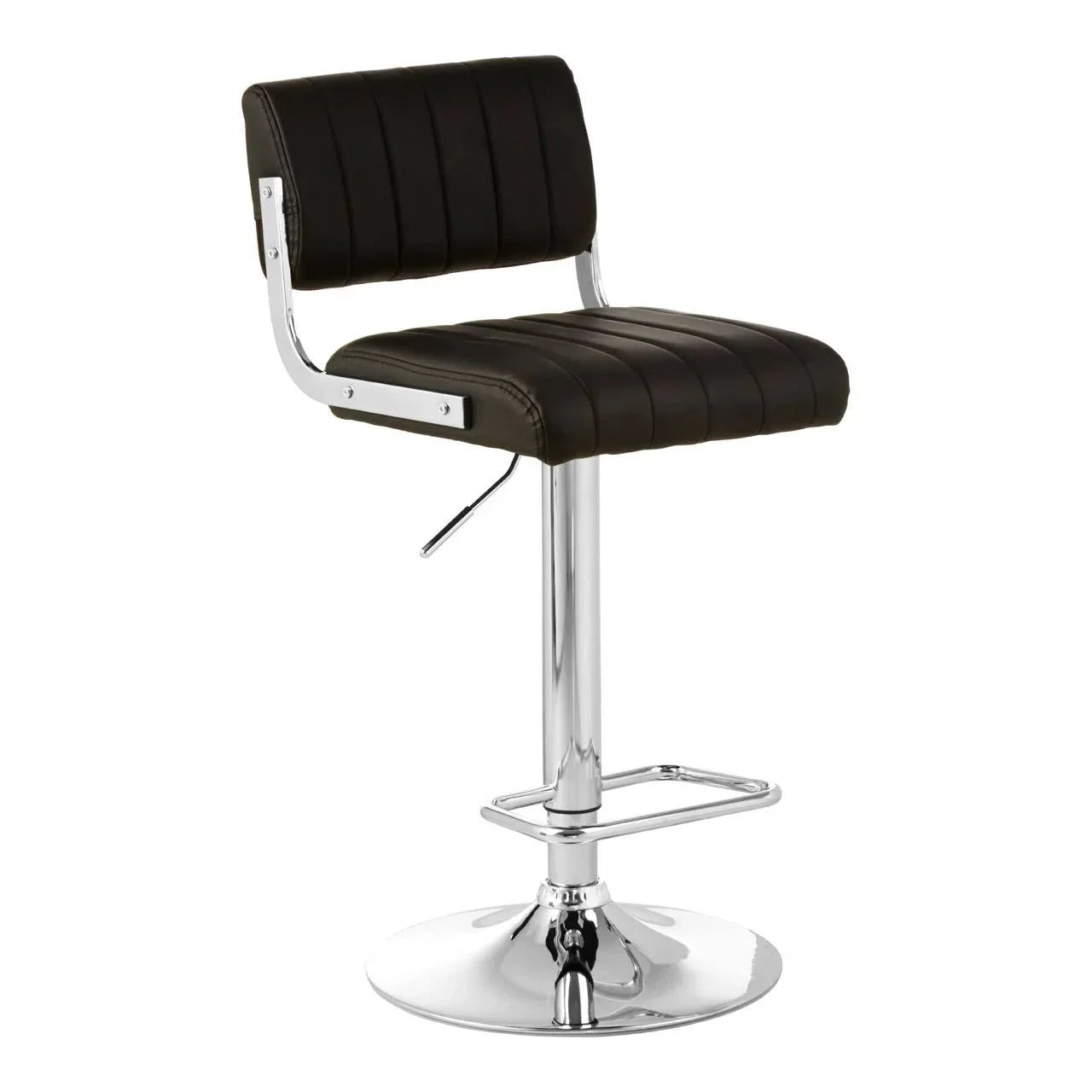 Black leather bar stool with chrome base and footrest, front angle view