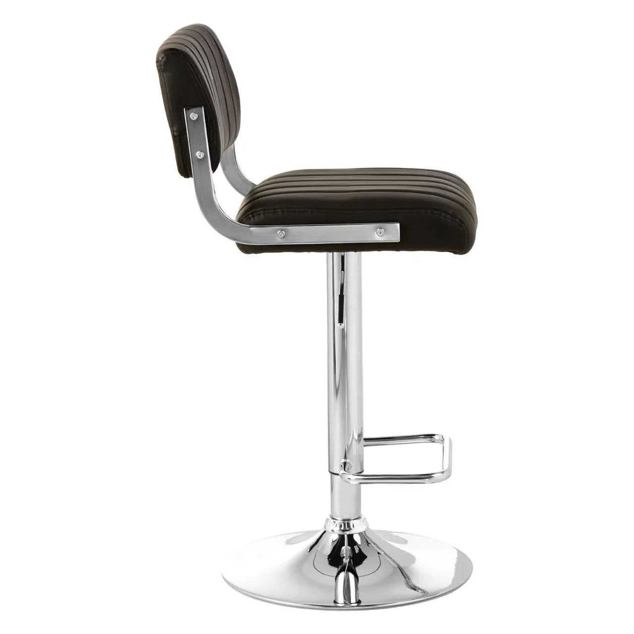 Brown bar stool with padded seat, chrome base and footrest, side view
