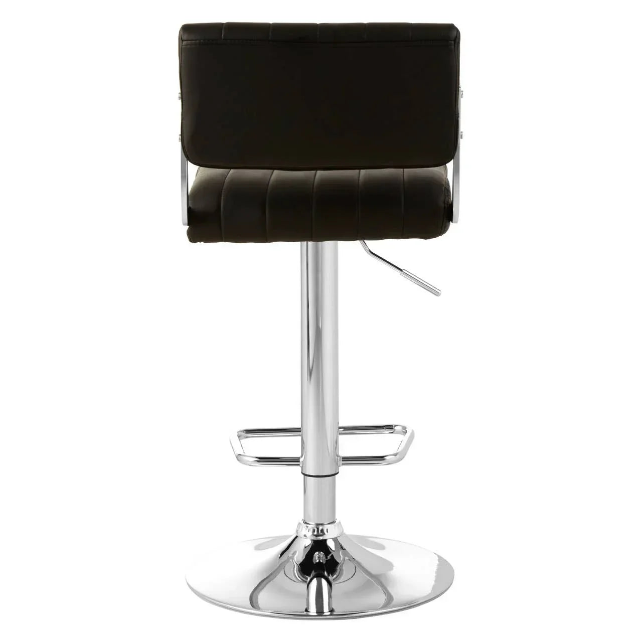 Black bar stool with chrome base and footrest, rear view showing padded backrest