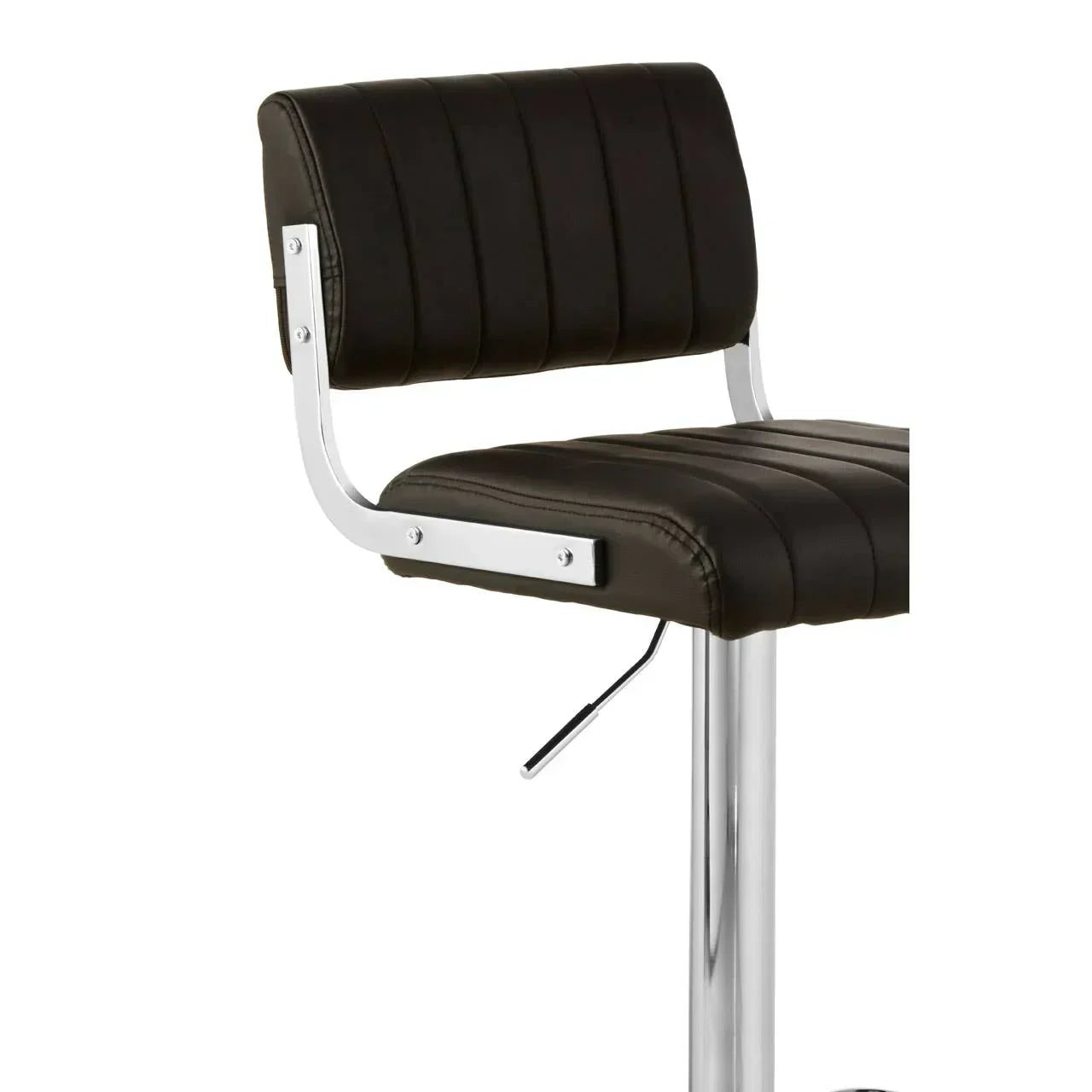 Black faux leather bar stool with chrome legs and adjustable height handle, side angle view