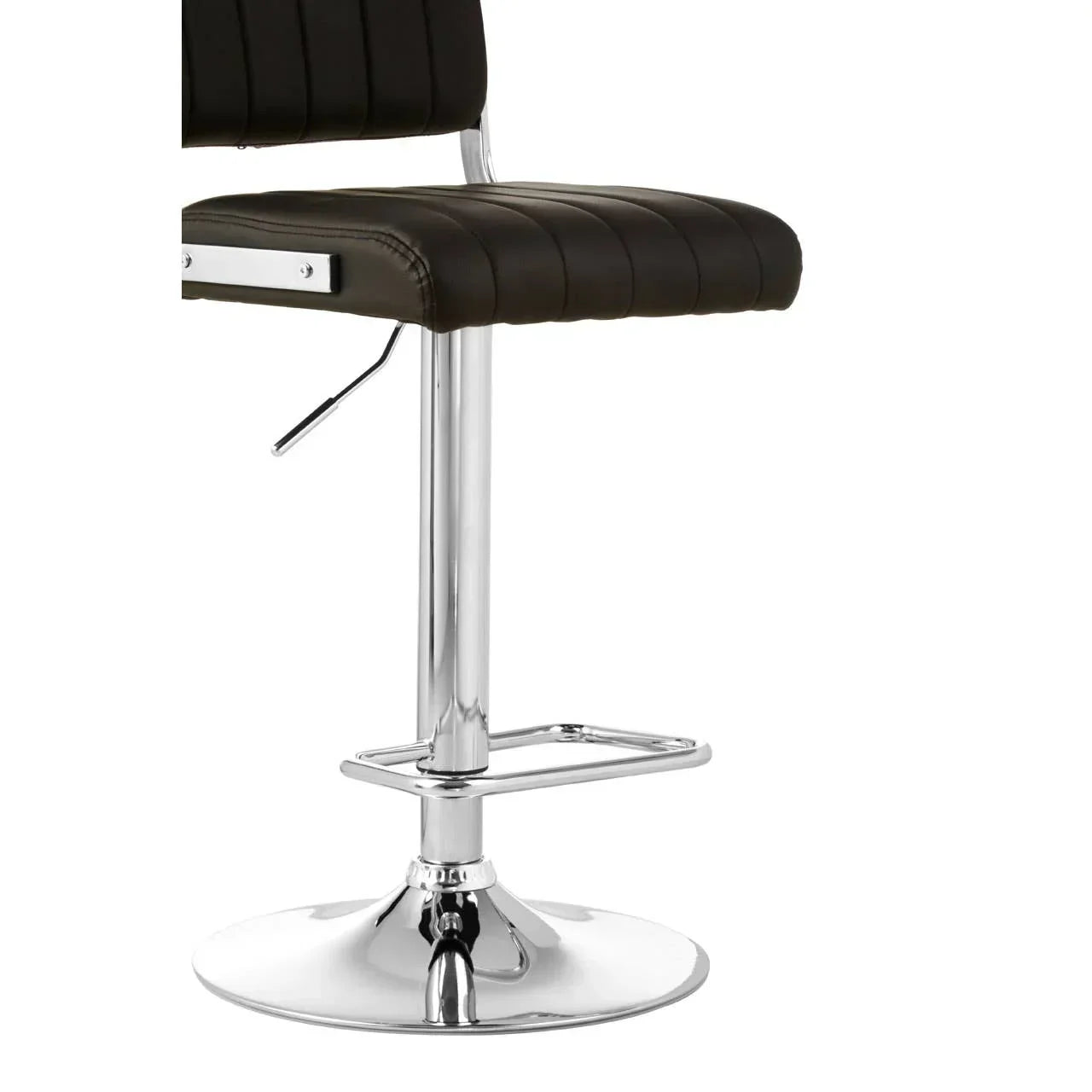 Black bar stool with chrome base, footrest and vertical stitched seat detail, side view