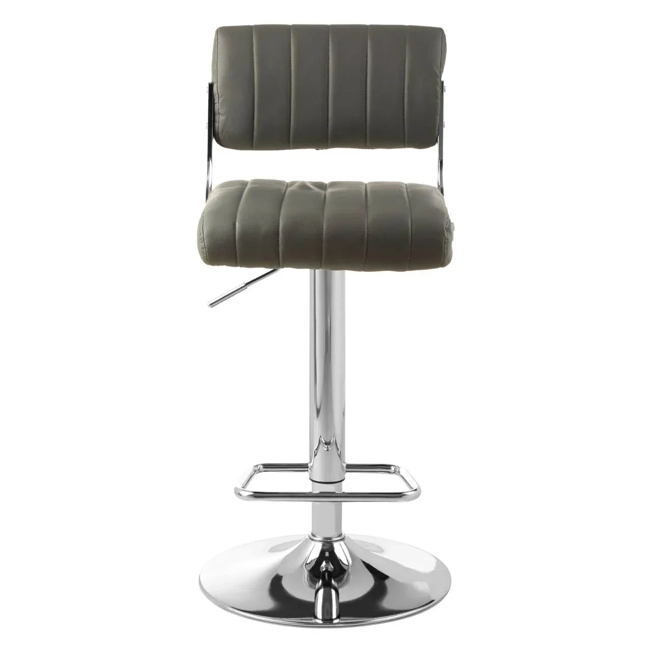 Grey leather bar stool with chrome base and footrest, front view