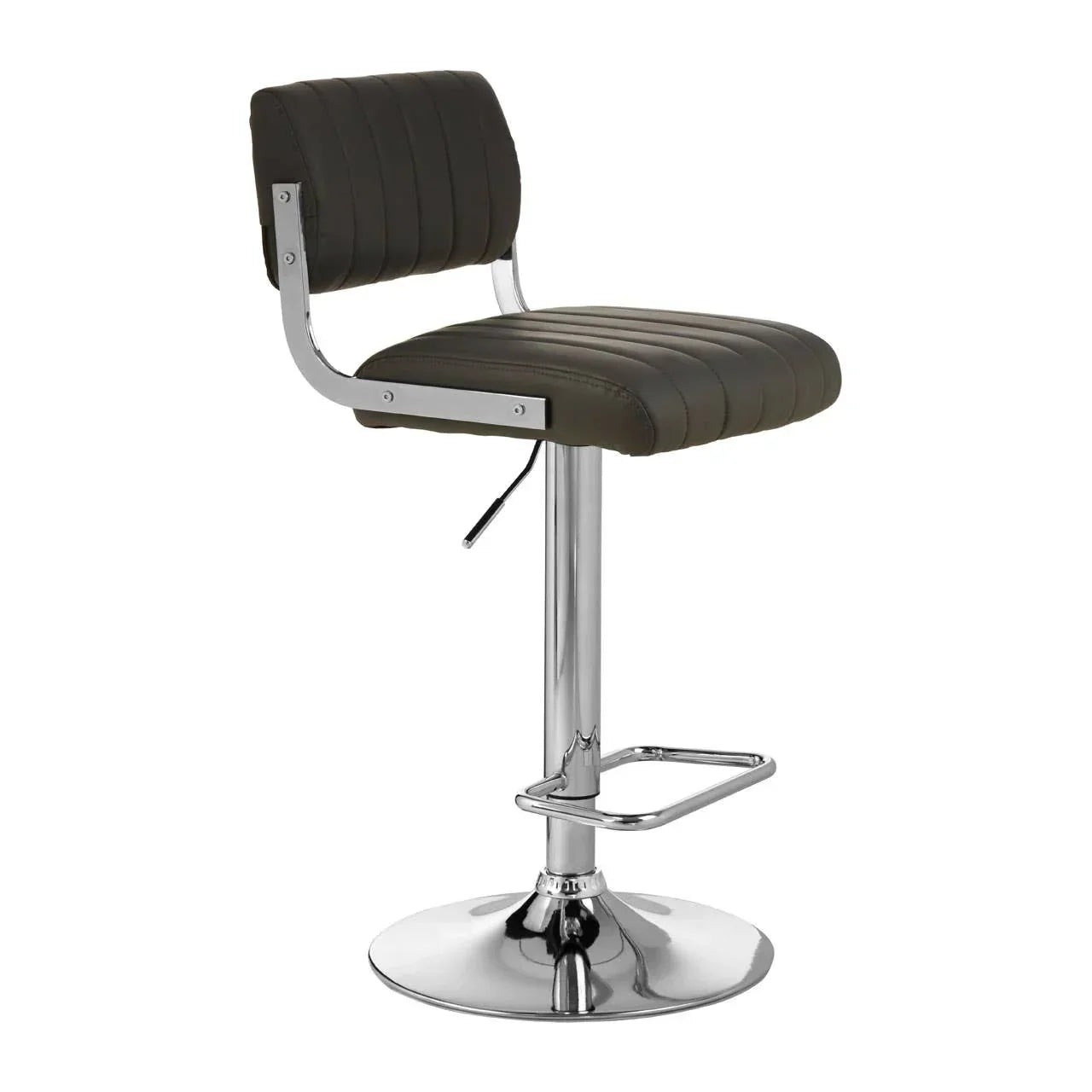 Brown faux leather bar stool with chrome base and footrest, side angle view