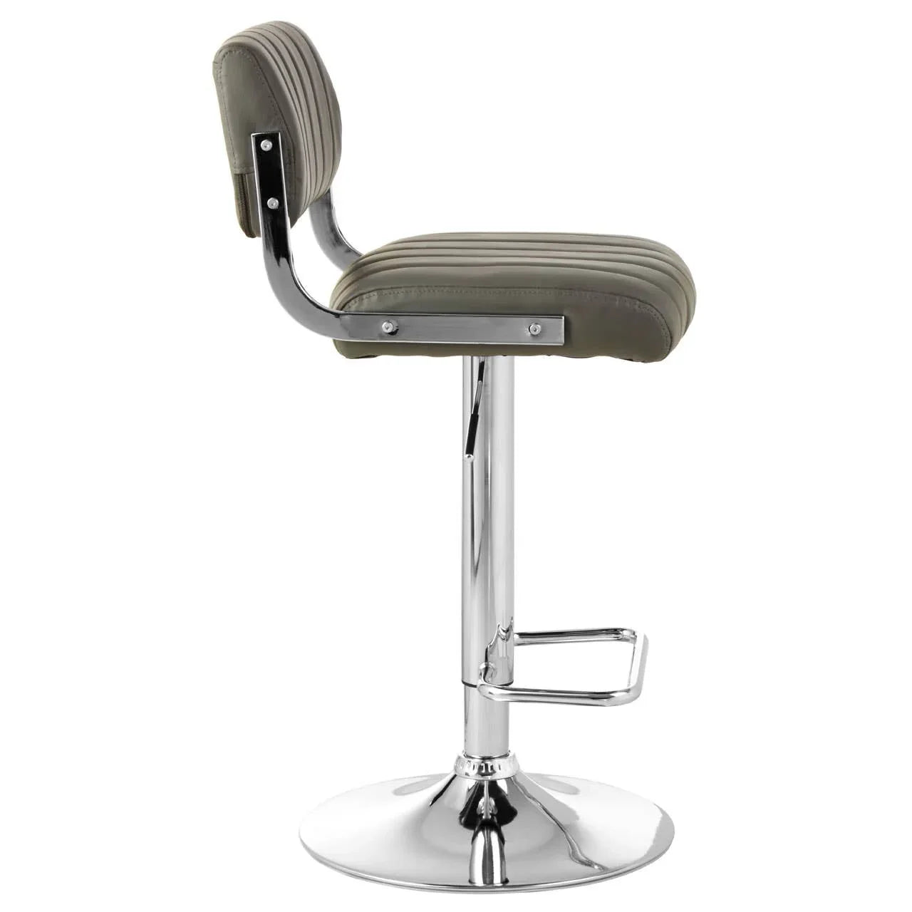 Grey upholstered bar stool with chrome base and footrest side view