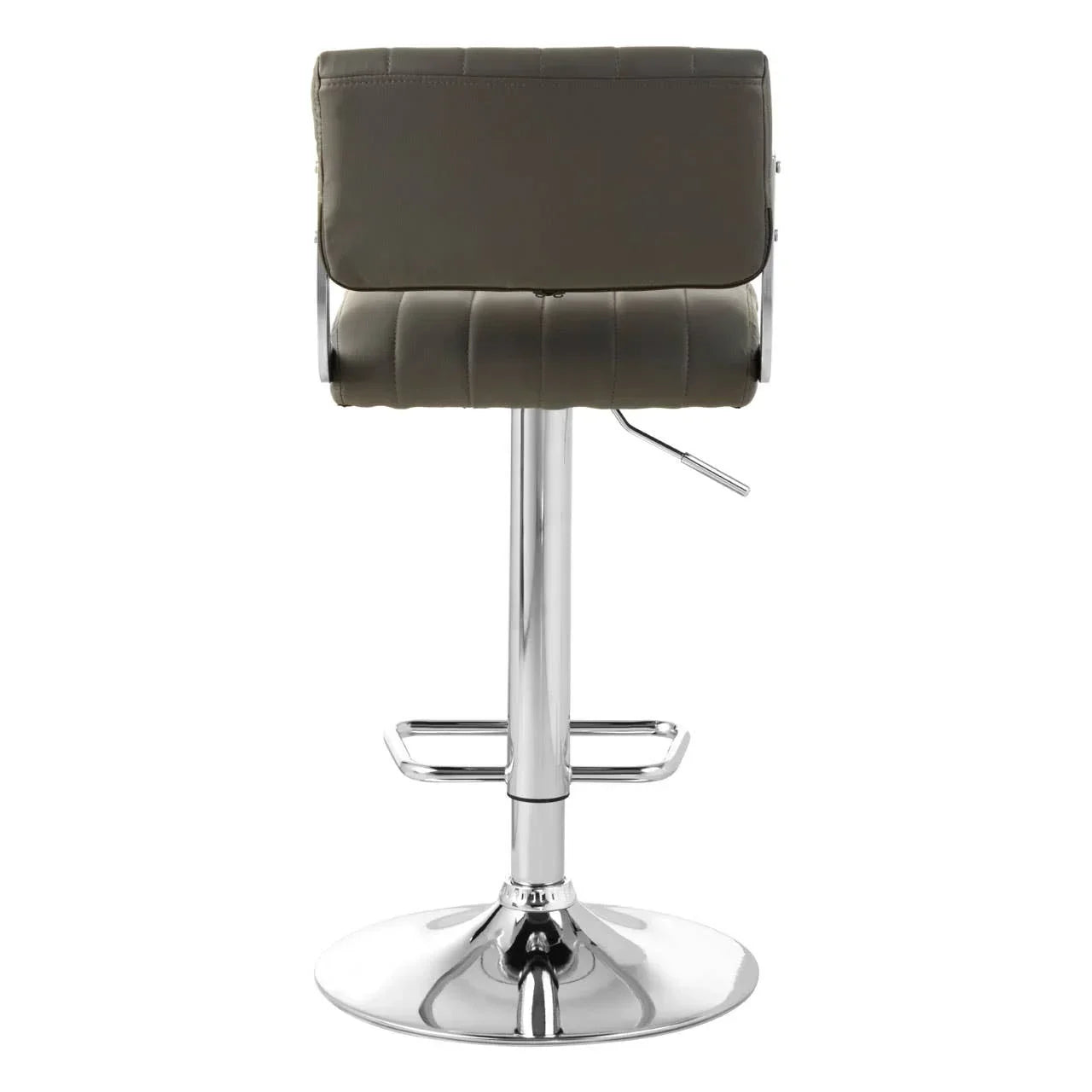 Back view of brown bar stool with chrome base and adjustable lever