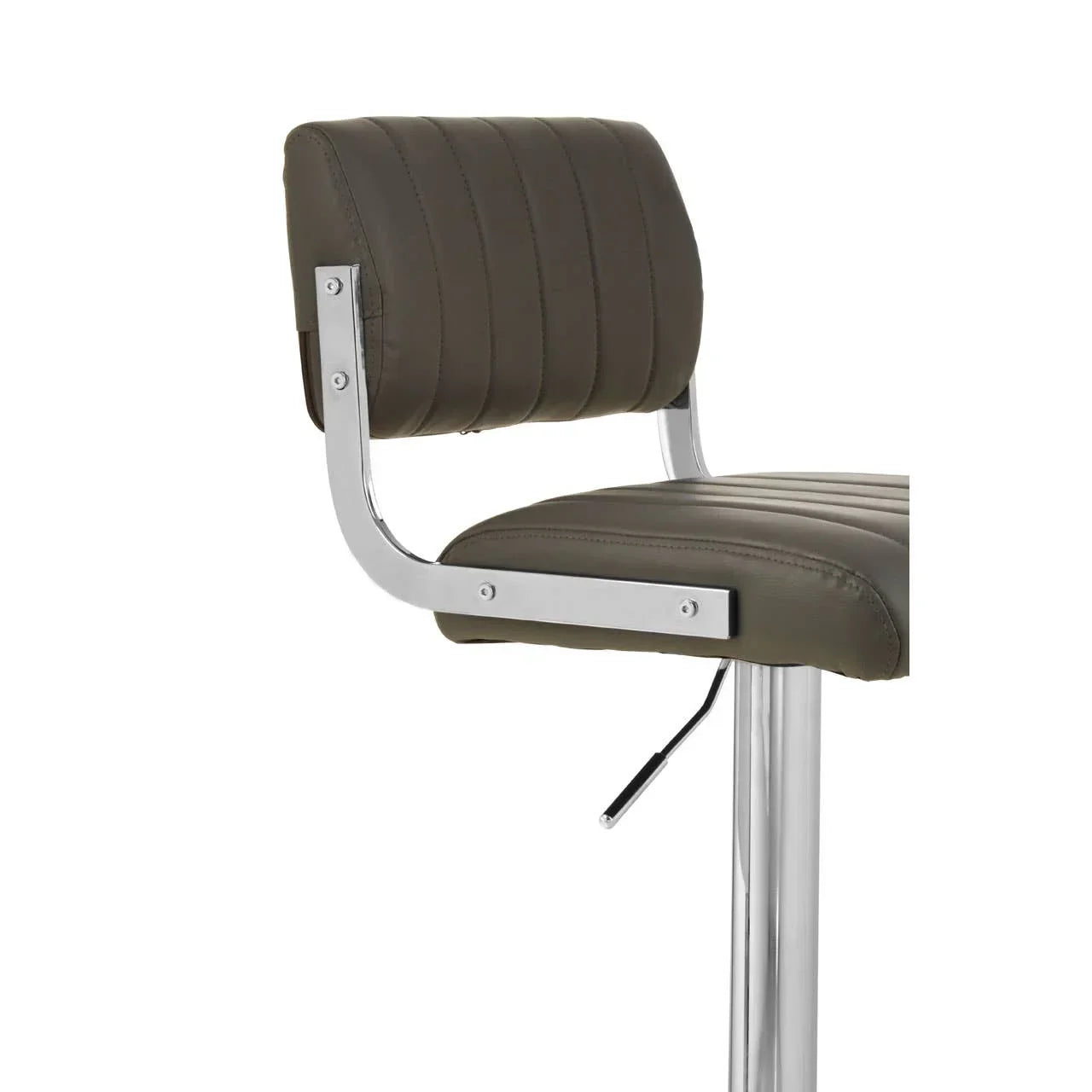 Grey faux leather bar stool with chrome base and adjustable height lever, side view