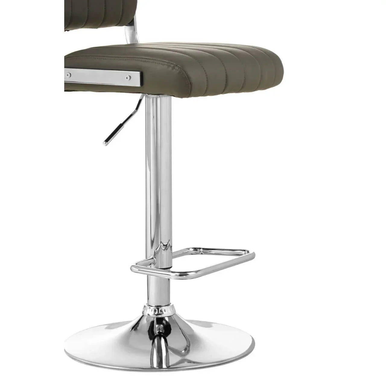 Grey faux leather bar stool with chrome base and footrest, close-up side view