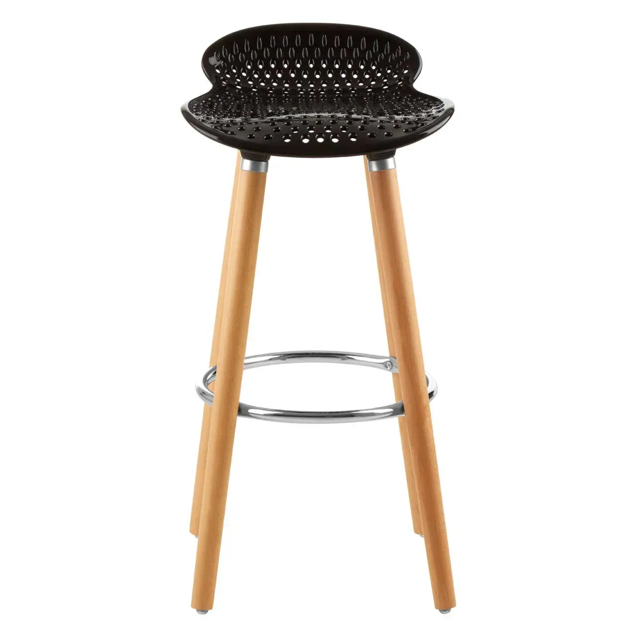 Black perforated bar stool with wooden legs and chrome footrest front view