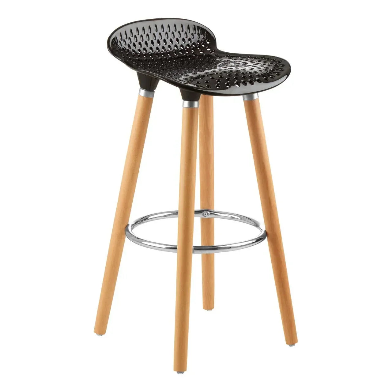 Black bar stool with perforated seat, wooden legs and chrome footrest on white background