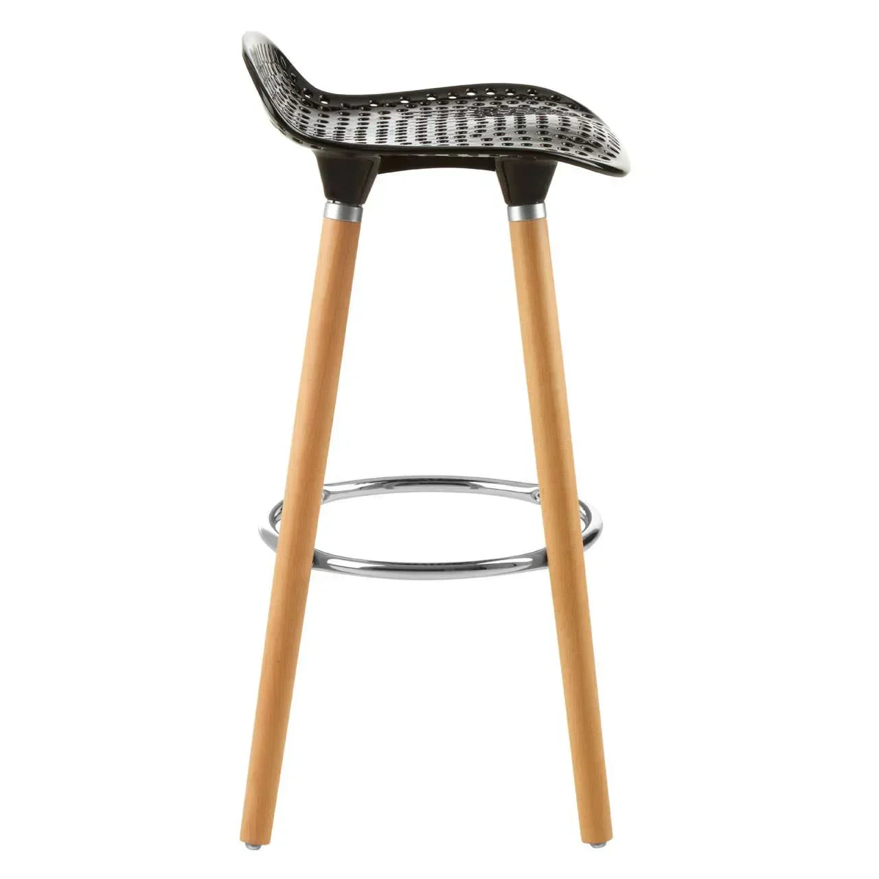 Modern bar stool with perforated black plastic seat, wooden legs and chrome footrest