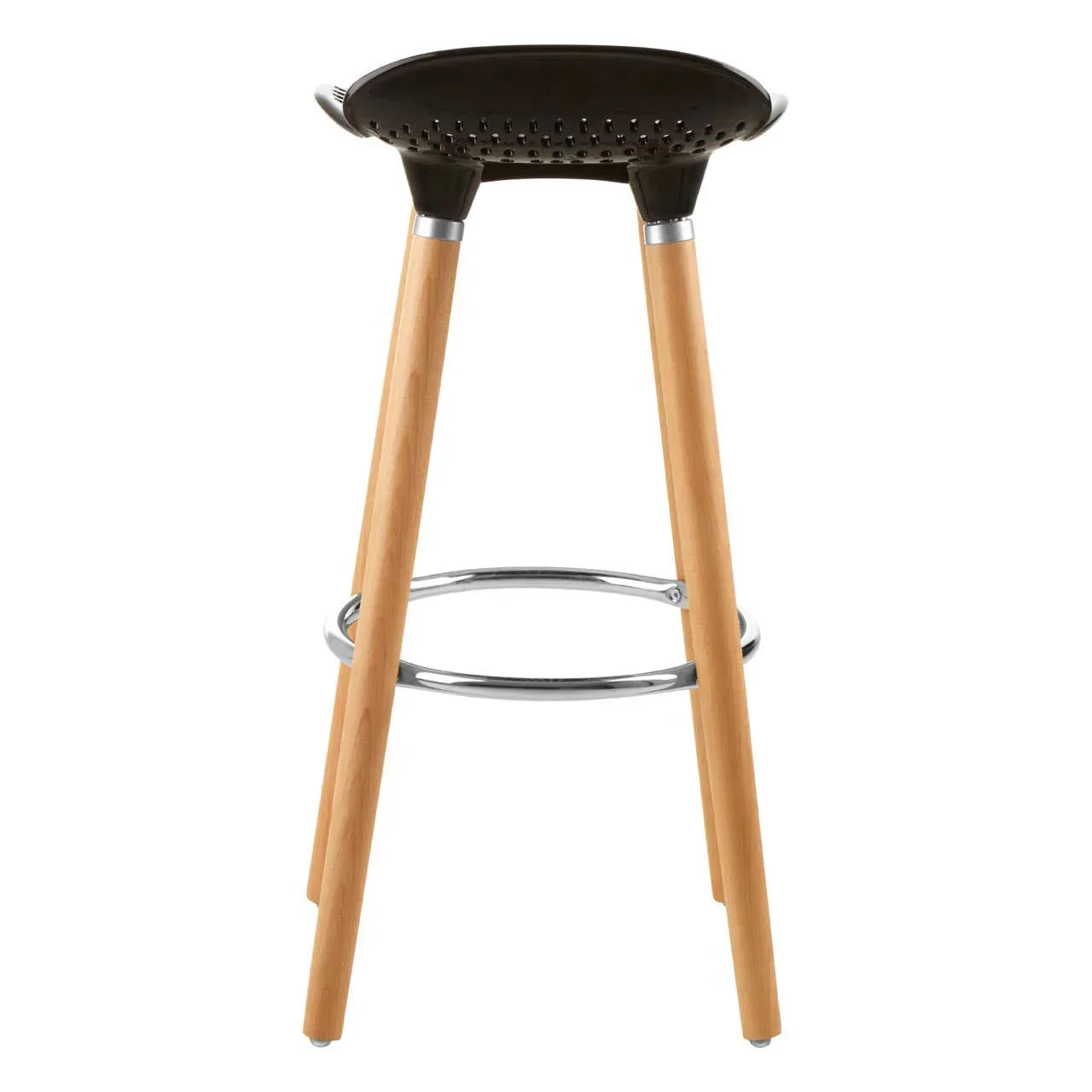 Modern bar stool with black perforated seat, wooden legs, and chrome footrest