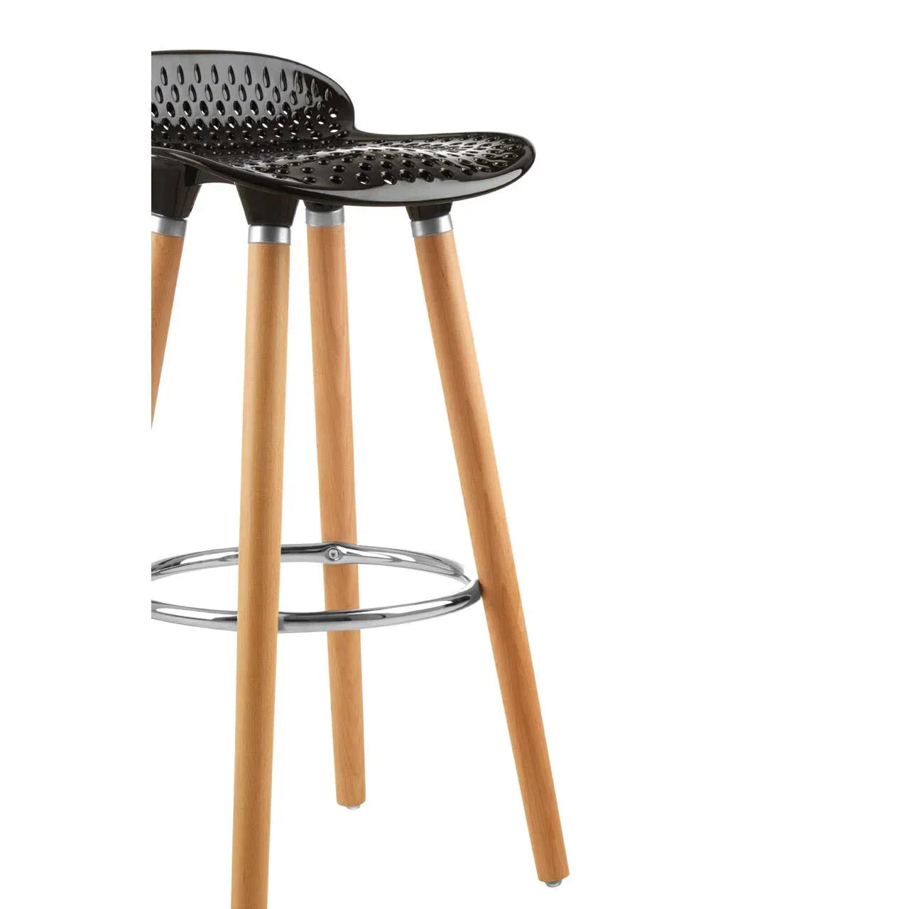 Modern bar stool with perforated black seat, wooden legs, and chrome footrest