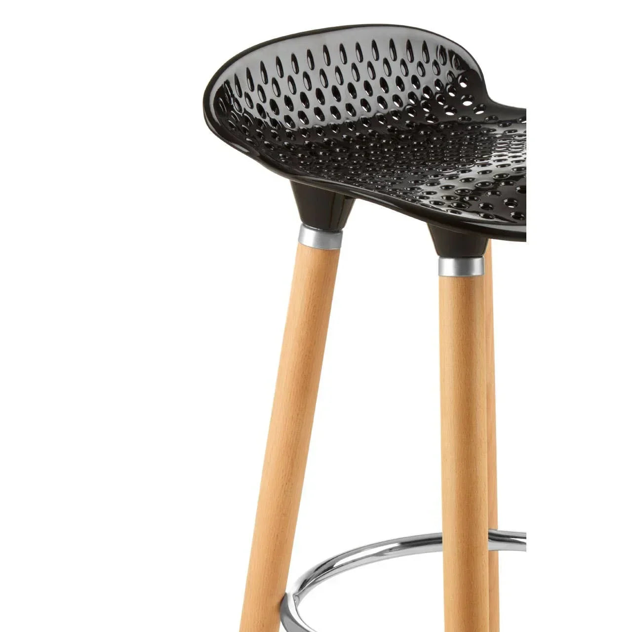 Black perforated bar stool seat with wooden legs and chrome footrest