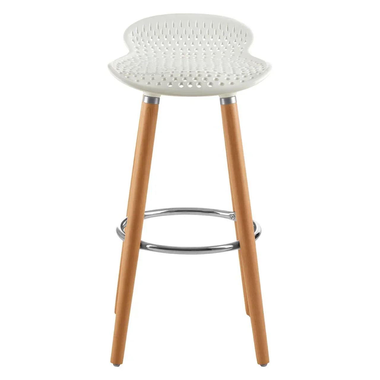 Modern bar stool with perforated white seat, wooden legs, and chrome footrest