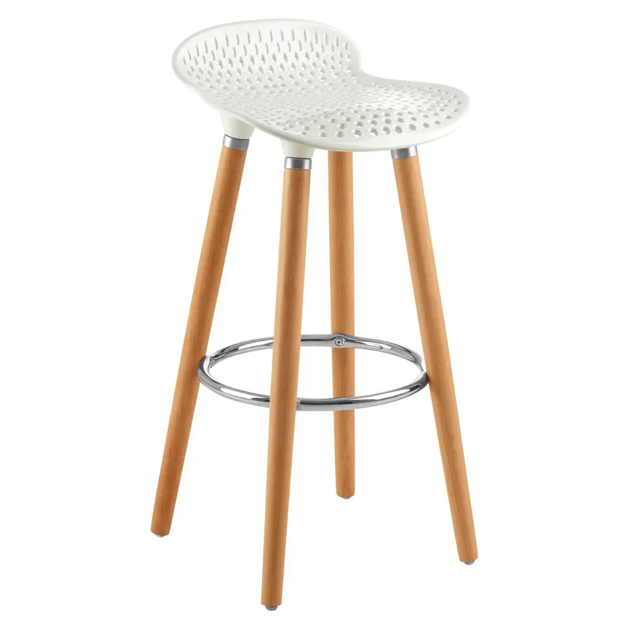 White bar stool with perforated seat, wooden legs, and chrome footrest, front view