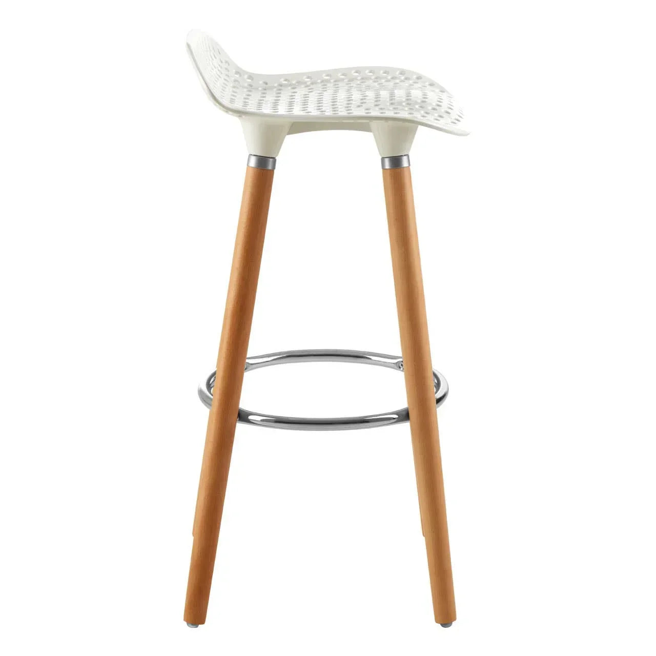 White bar stool with perforated seat, wooden legs, and chrome footrest, side view