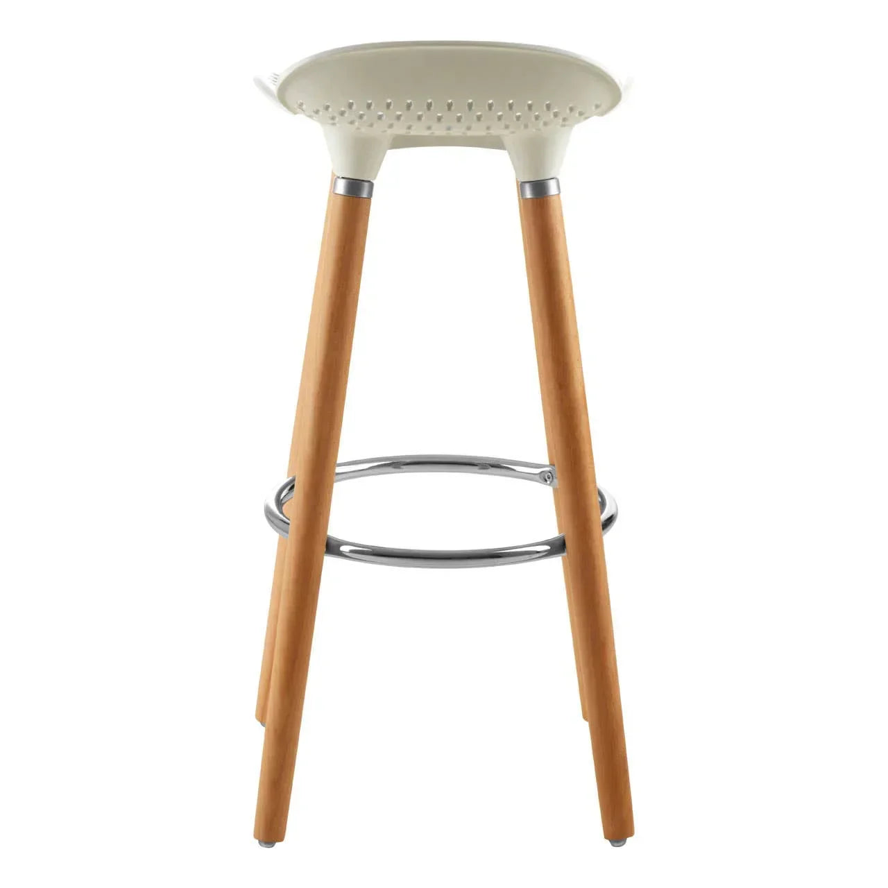 Modern bar stool with wooden legs, white perforated seat and chrome footrest, rear view
