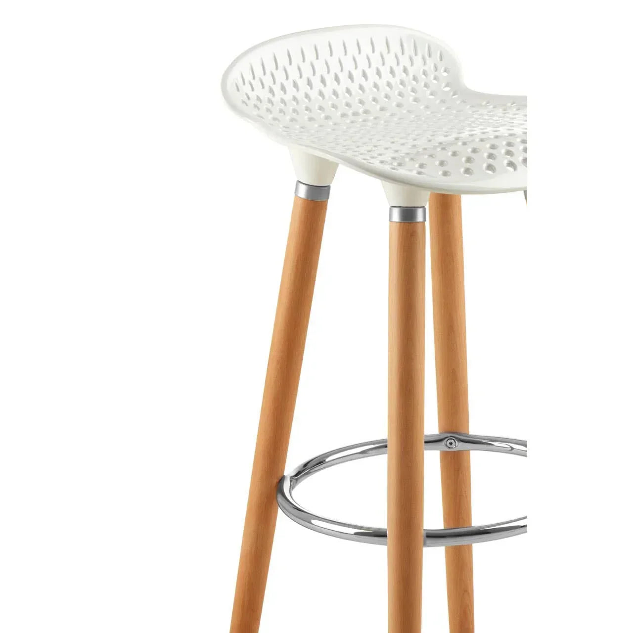 White modern bar stool with perforated seat, wooden legs, and chrome footrest
