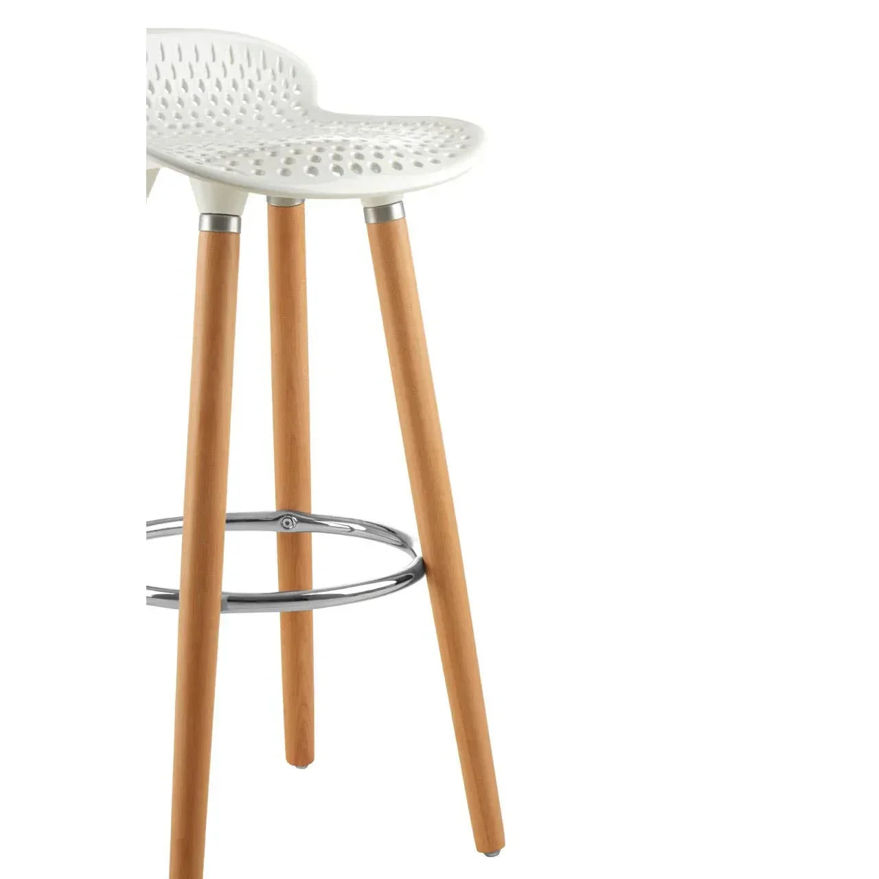 White perforated bar stool seat with wooden legs and chrome footrest