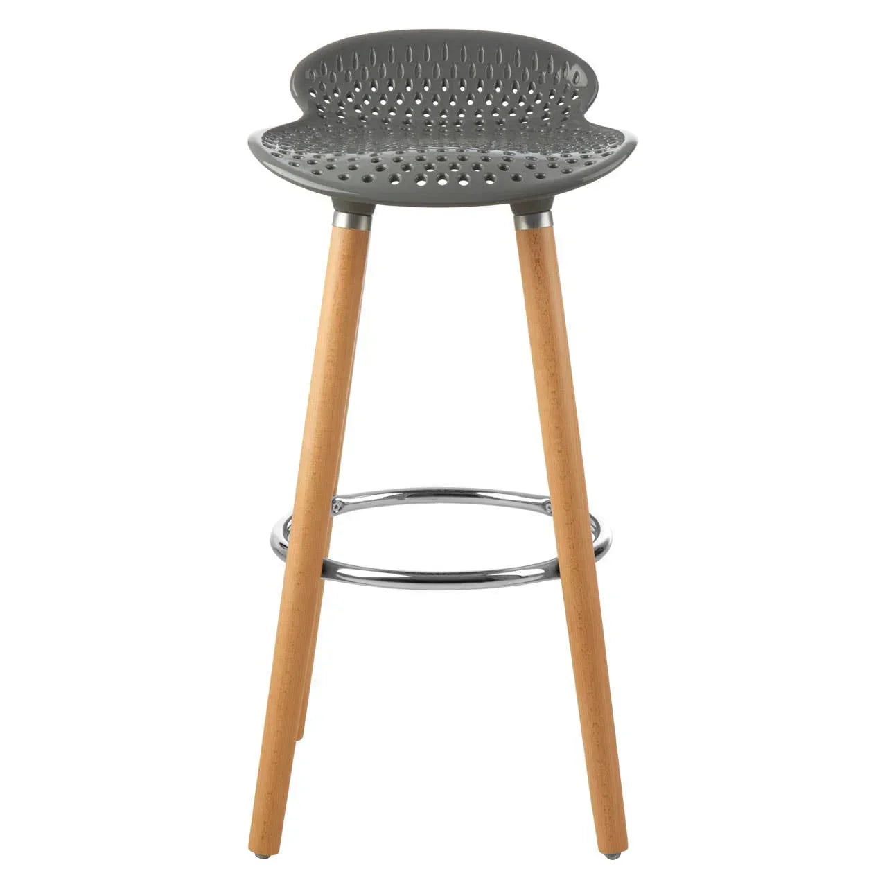 Modern bar stool with grey perforated seat, wooden legs and chrome footrest