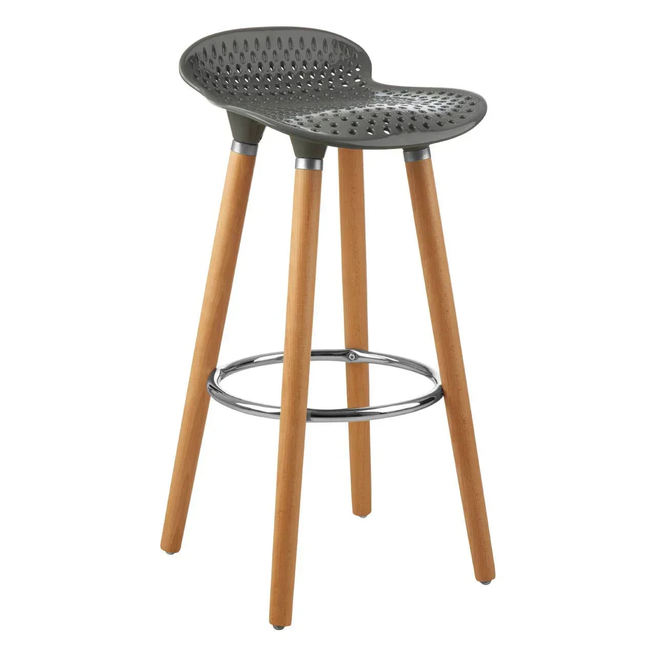 Modern bar stool with perforated grey seat, wooden legs and chrome footrest